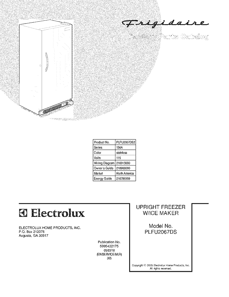 COVER Diagram and Parts List for PLFU2067DS2  Frigidaire Freezer