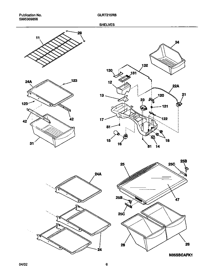SHELVES Diagram and Parts List for GLRT215RBW0  Frigidaire Refrigerator