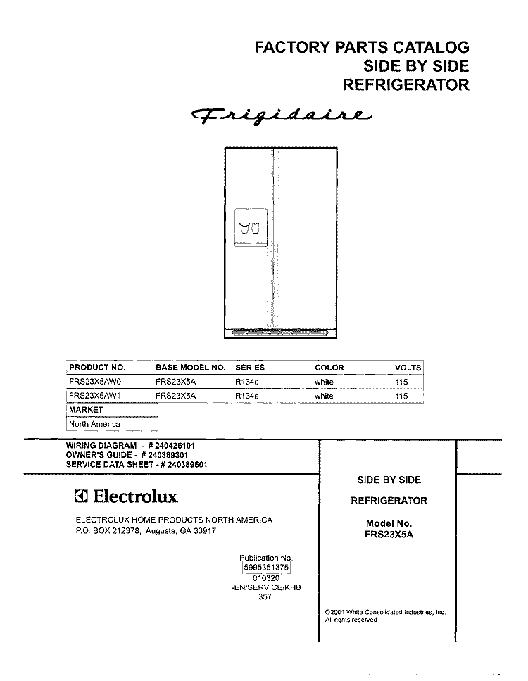 COVER Diagram and Parts List for FRS23X5AW0  Frigidaire Refrigerator