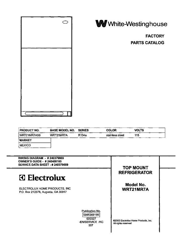COVER Diagram and Parts List for WRT21MR7AS0  Westinghouse Refrigerator