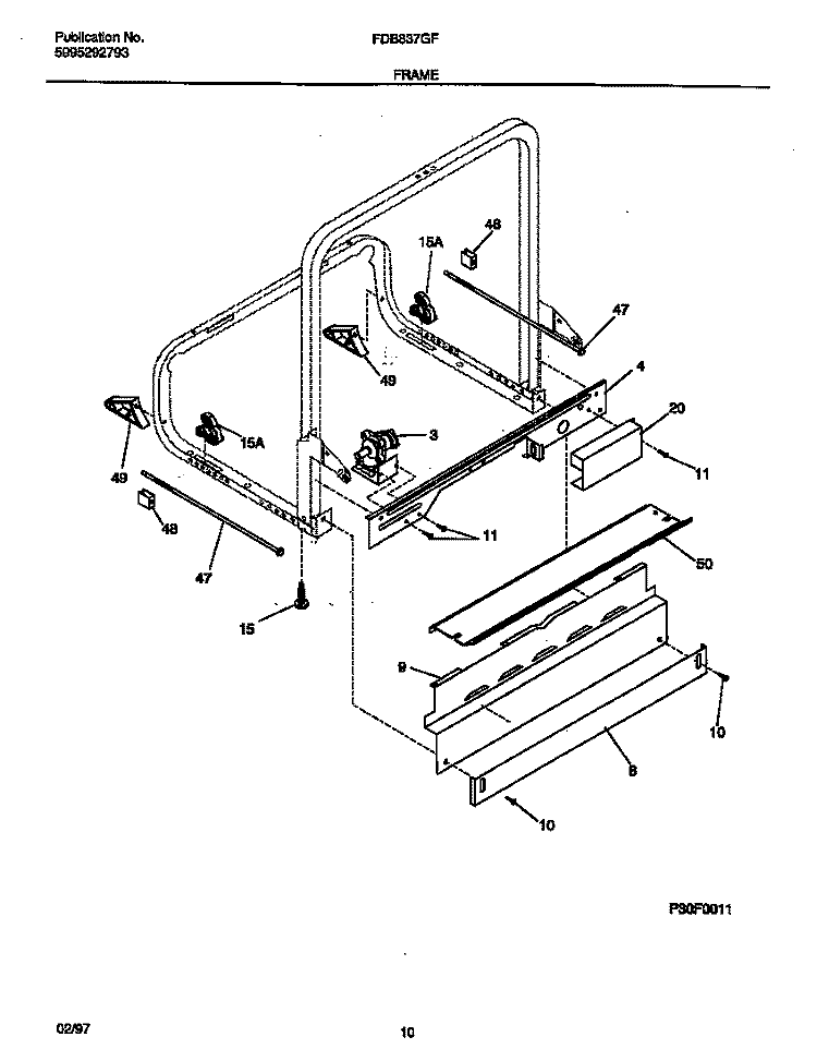 FRAME Diagram and Parts List for FDB837GFR0  Frigidaire Dishwasher