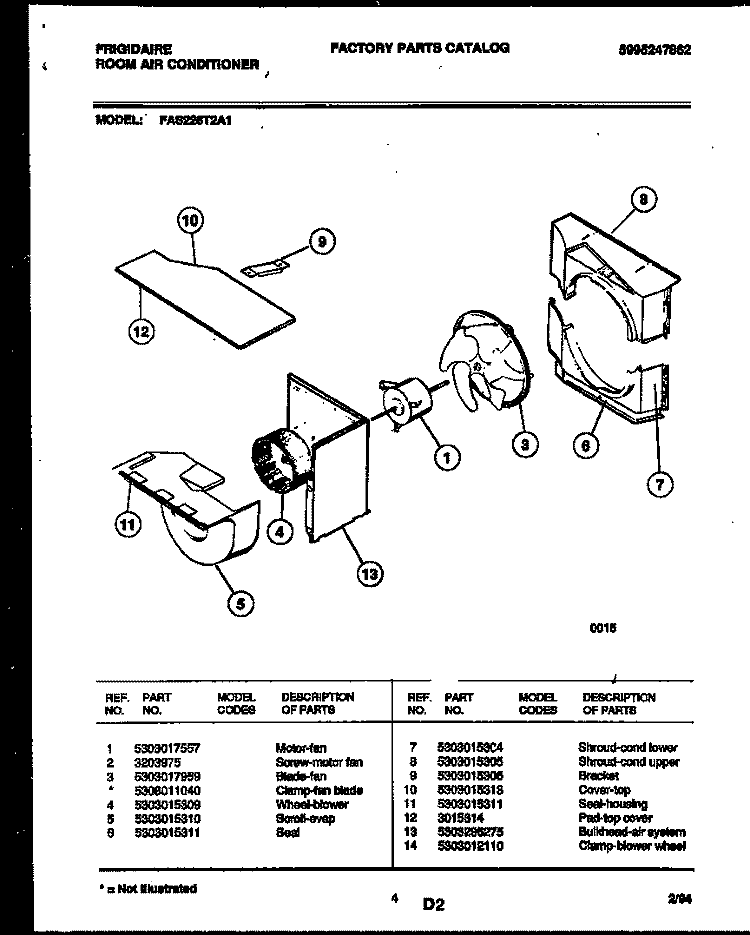 AIR HANDLING PARTS Diagram and Parts List for FAS226T2A1  Frigidaire Air Conditioner