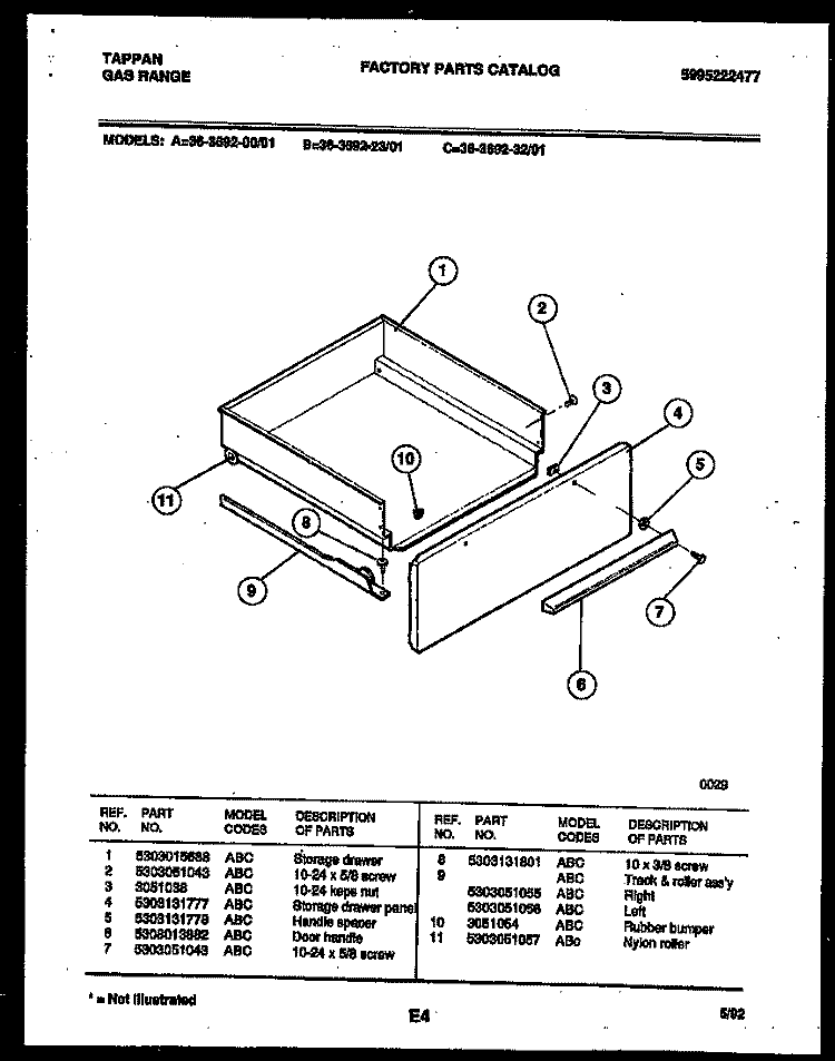 DRAWER PARTS Diagram and Parts List for 36-3692-23-01  Tappan Range