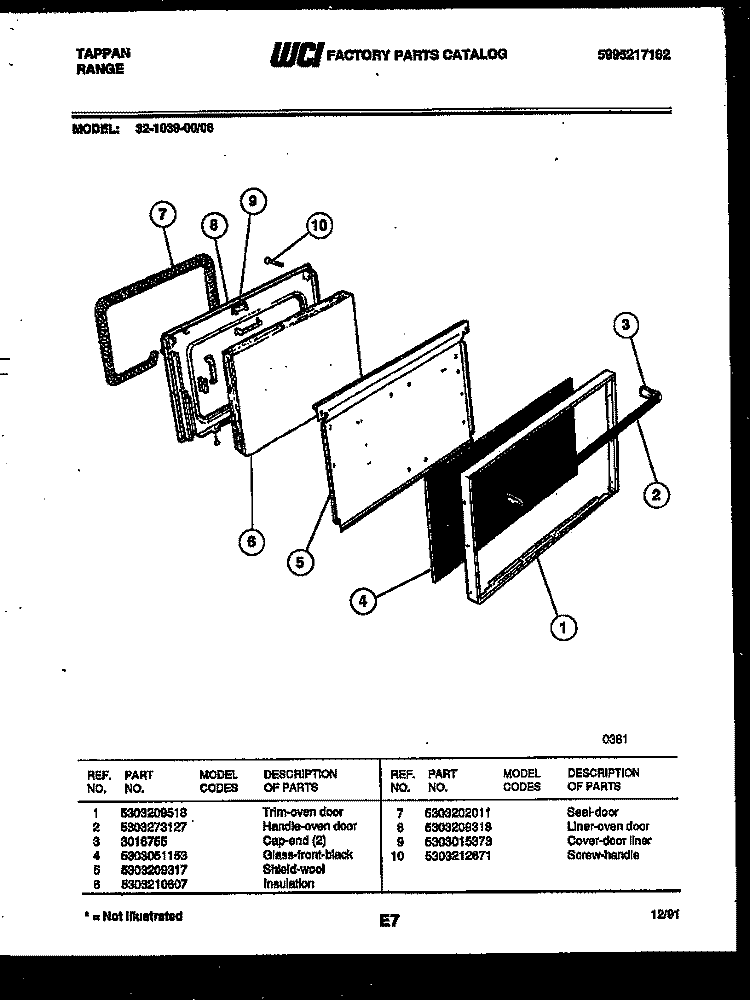 DOOR PARTS Diagram and Parts List for 32-1039-23-06  Tappan Range