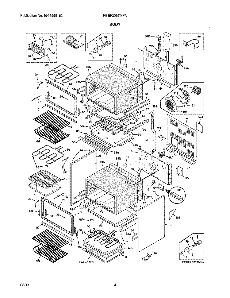 BODY Diagram and Parts List for FGEF306TMFA  Frigidaire Wall Oven