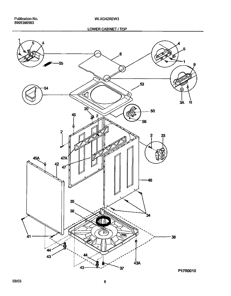 LOWER CABINET / TOP Diagram and Parts List for WLXG42REW3  Westinghouse Washer Dryer Combo