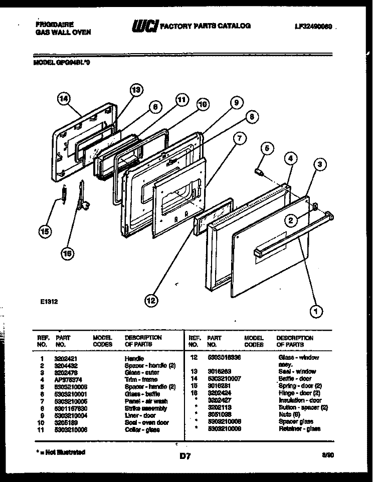 DOOR PARTS Diagram and Parts List for GPG94BL0  Frigidaire Wall Oven