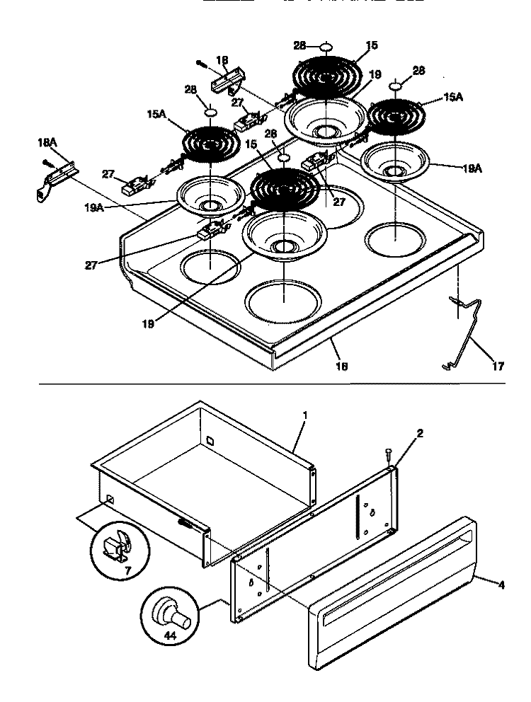 TOP / DRAWER Diagram and Parts List for TEF354BCWA  Tappan Range
