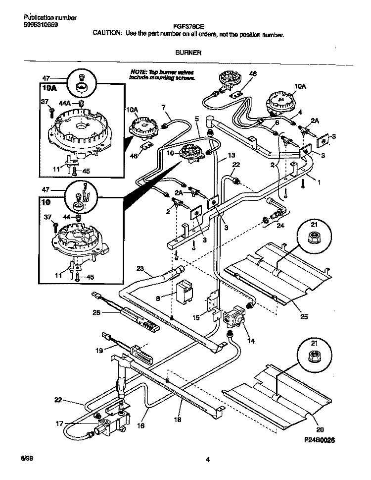 BURNER Diagram and Parts List for FGF376CEBJ  Frigidaire Range