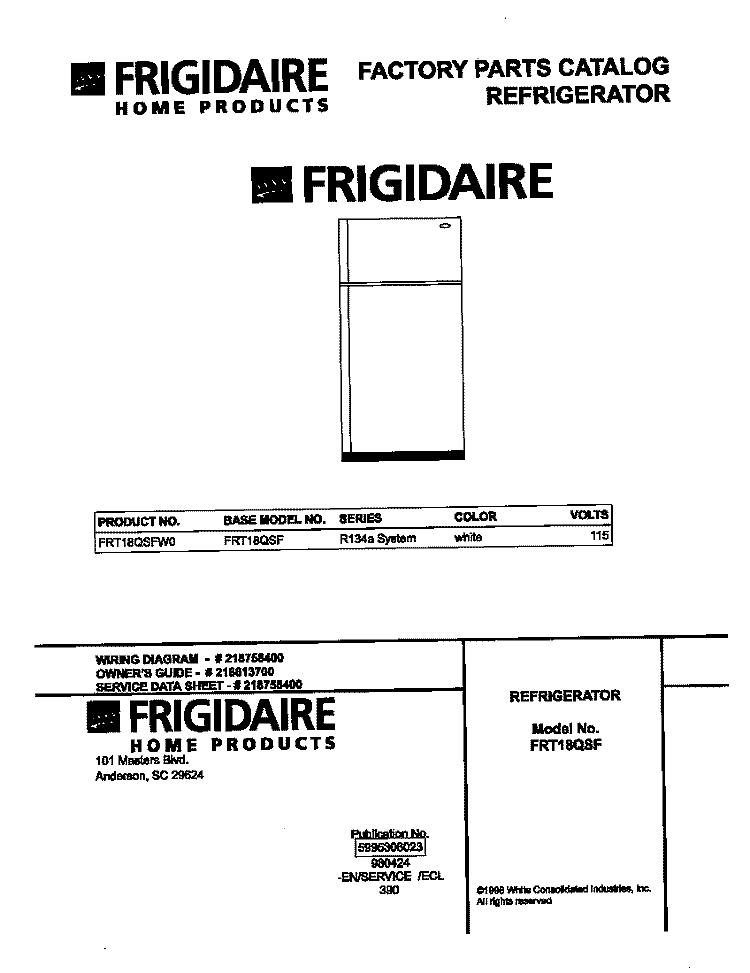 COVER Diagram and Parts List for FRT18QSFW0  Frigidaire Refrigerator
