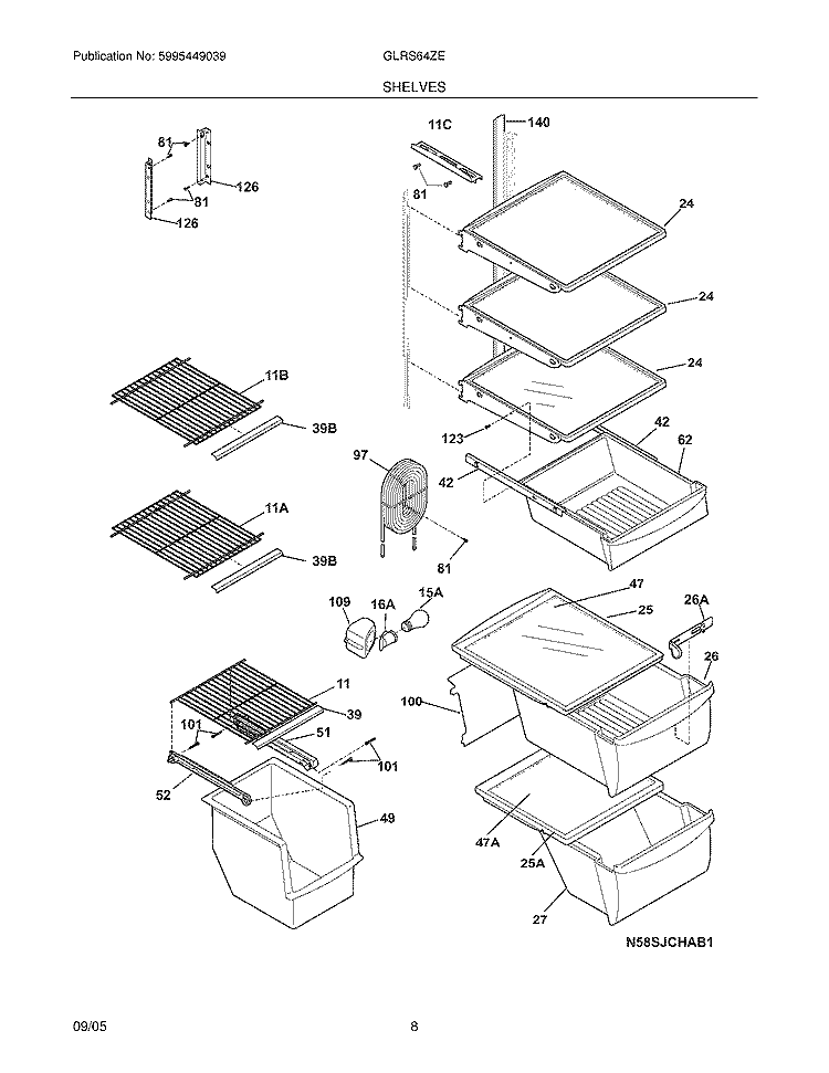 SHELVES Diagram and Parts List for GLRS64ZEB6  Frigidaire Refrigerator