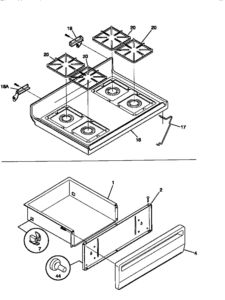 TOP / DRAWER Diagram and Parts List for TGF353BCWA  Tappan Range