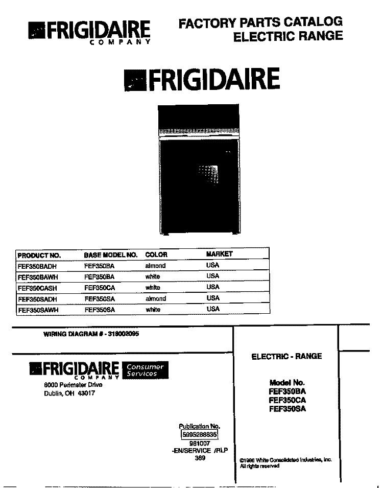 COVER Diagram and Parts List for FEF350CASH  Frigidaire Range