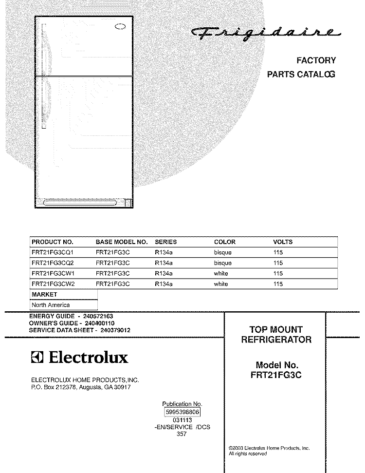 COVER Diagram and Parts List for FRT21FG3CQ1  Frigidaire Refrigerator