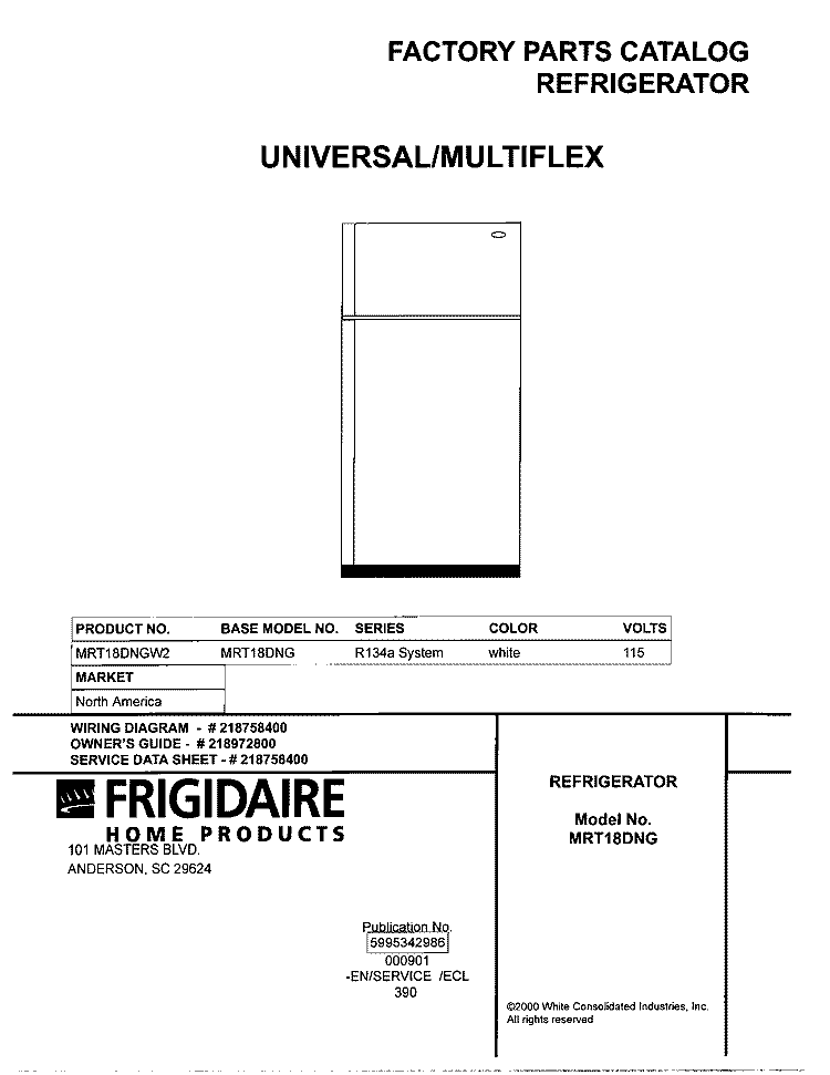 COVER Diagram and Parts List for MRT18DNGW2  Frigidaire Refrigerator