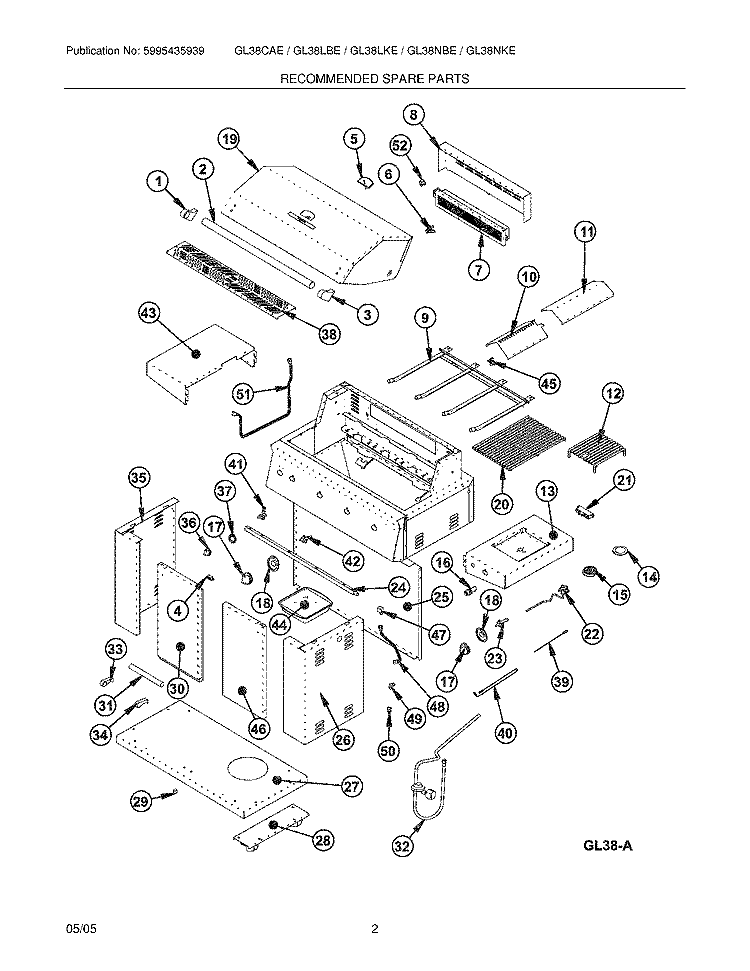 RECOMMENDED SPARE PARTS Diagram and Parts List for GL38NKEC  Frigidaire Grill