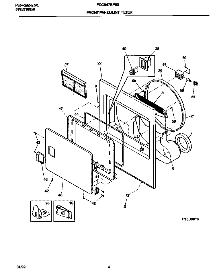 P16D0018 FRNT PNL, DOOR Diagram and Parts List for FDG647RFS0  Frigidaire Dryer