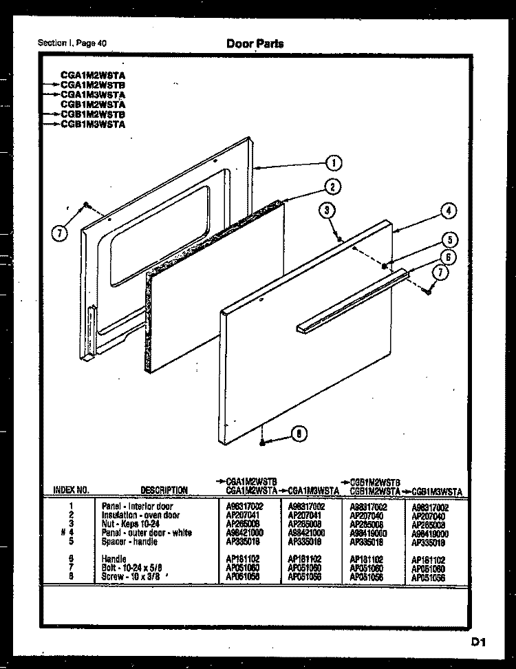 DOOR PARTS Diagram and Parts List for CGA1M3WSTA  Gibson Range