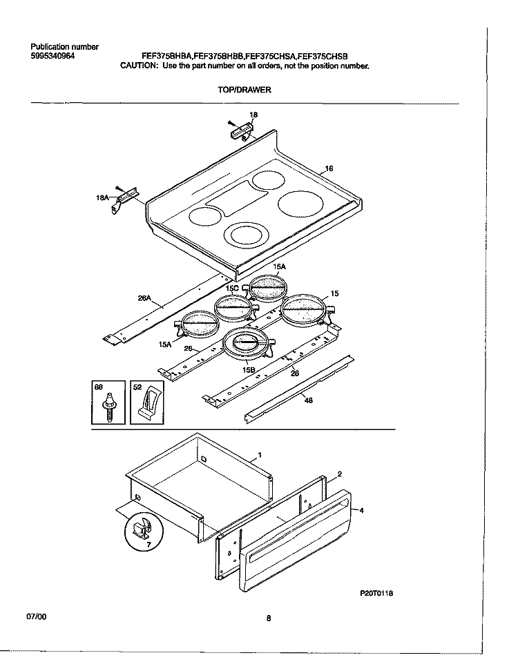 TOP / DRAWER Diagram and Parts List for FEF375BHBB  Frigidaire Range