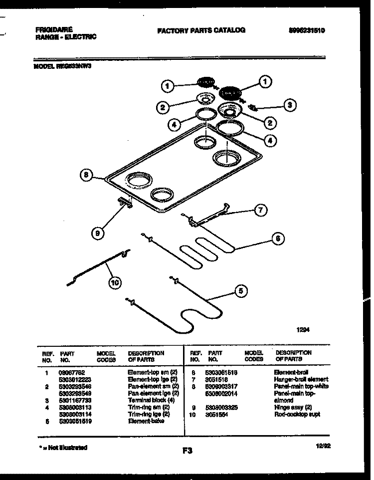 COOKTOP AND BROILER PARTS Diagram and Parts List for REG533NW3  Frigidaire Range