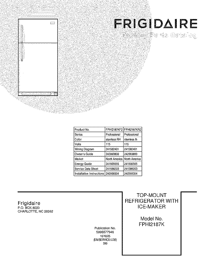 COVER Diagram and Parts List for FPHI2187KF2  Frigidaire Refrigerator