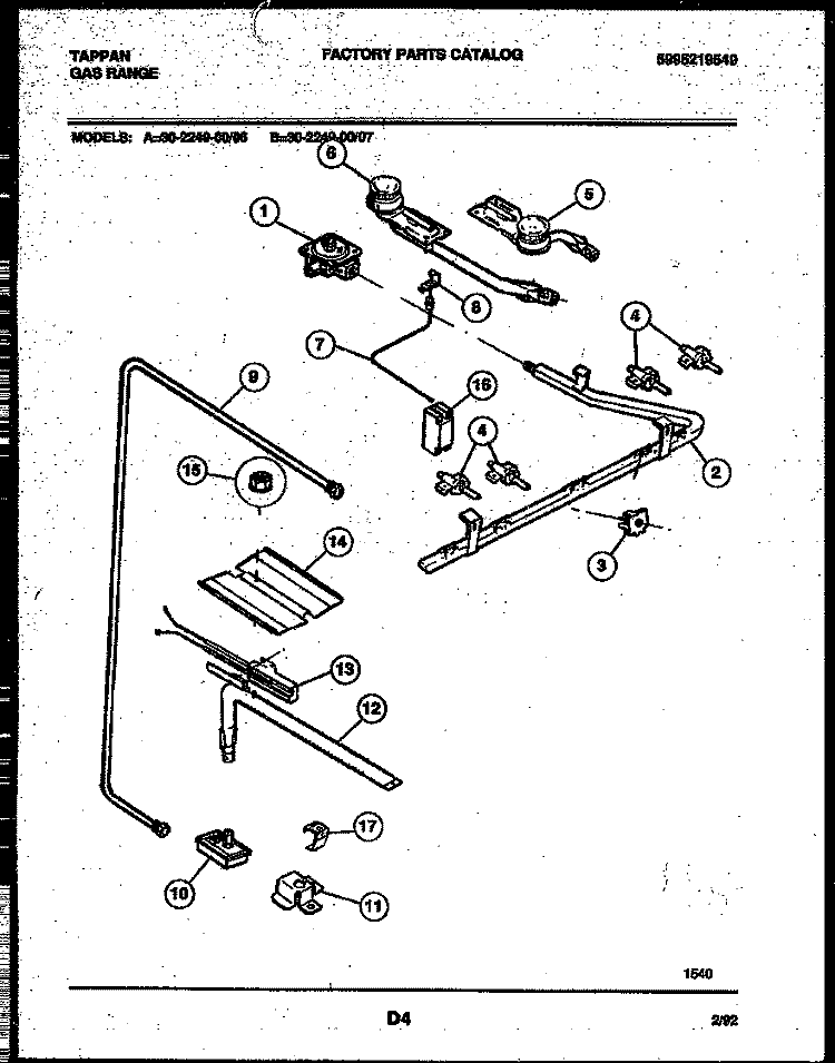 BURNER, MANIFOLD AND GAS CONTROL Diagram and Parts List for 30-2249-00-06  Tappan Range