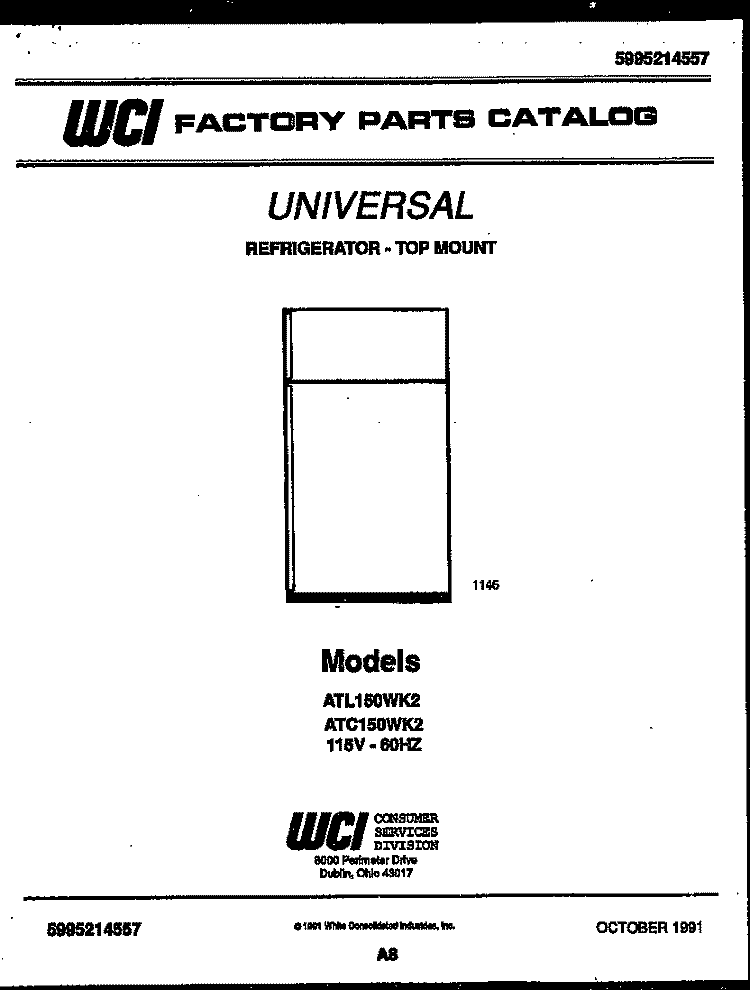 COVER Diagram and Parts List for ATC150WK2  Tappan Refrigerator