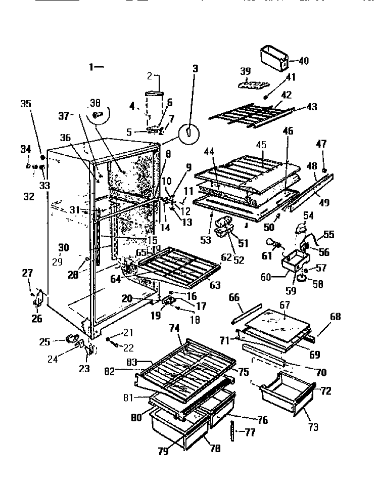 CABINET, SHELVES, DIVIDER, FAN ASSE Diagram and Parts List for RT217JCW0  Frigidaire Refrigerator