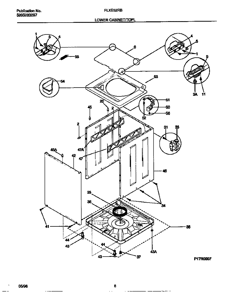 LOWER CABINET / TOP Diagram and Parts List for FLXE52RBT2  Frigidaire Washer Dryer Combo