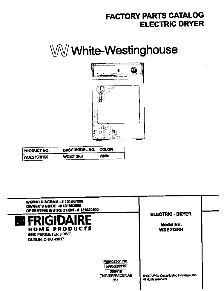 COVER Diagram and Parts List for WDE213RHS0  Frigidaire Dryer
