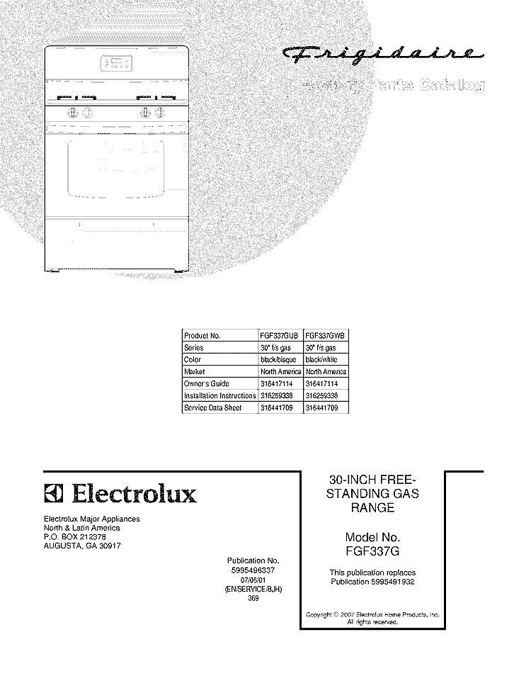 COVER Diagram and Parts List for FGF337GUB  Frigidaire Range