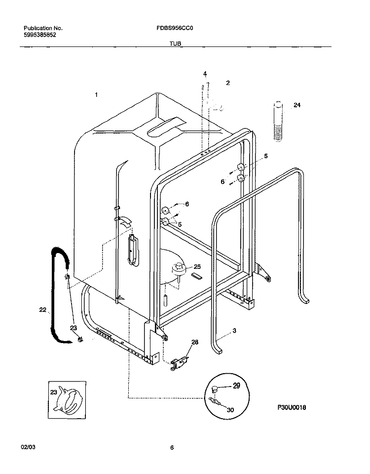 TUB Diagram and Parts List for FDBS956CC0  Frigidaire Dishwasher