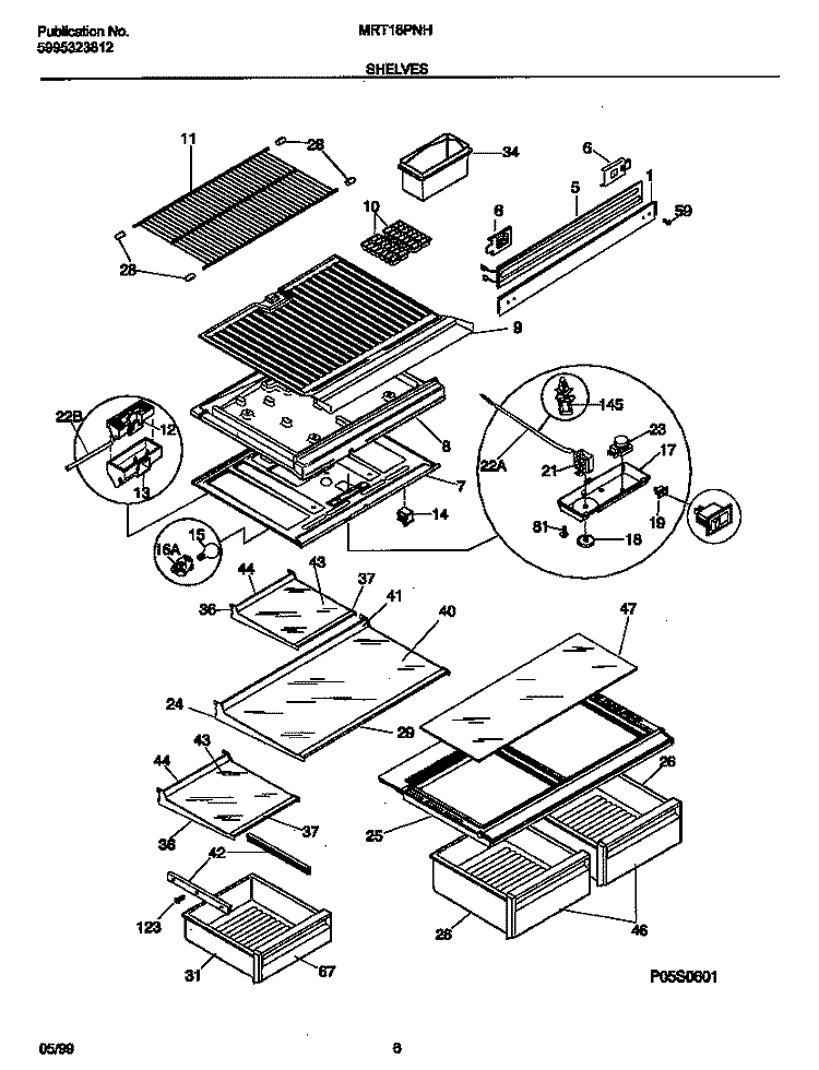 SHELVES Diagram and Parts List for MRT18PNHW0  Frigidaire Refrigerator
