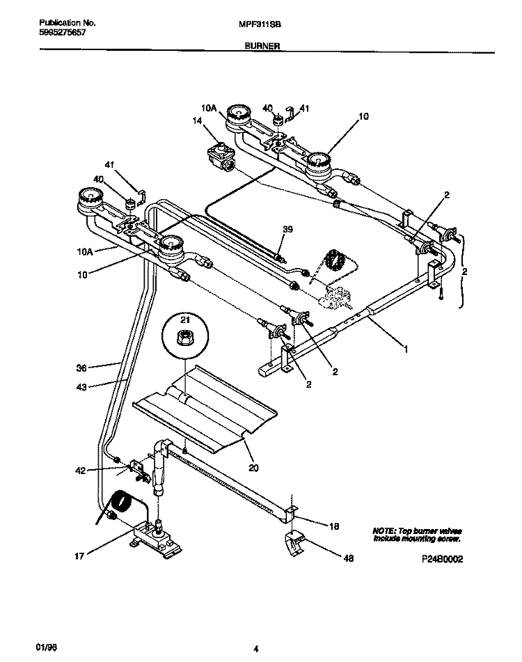 BURNER Diagram and Parts List for MPF311SBDB  Frigidaire Range