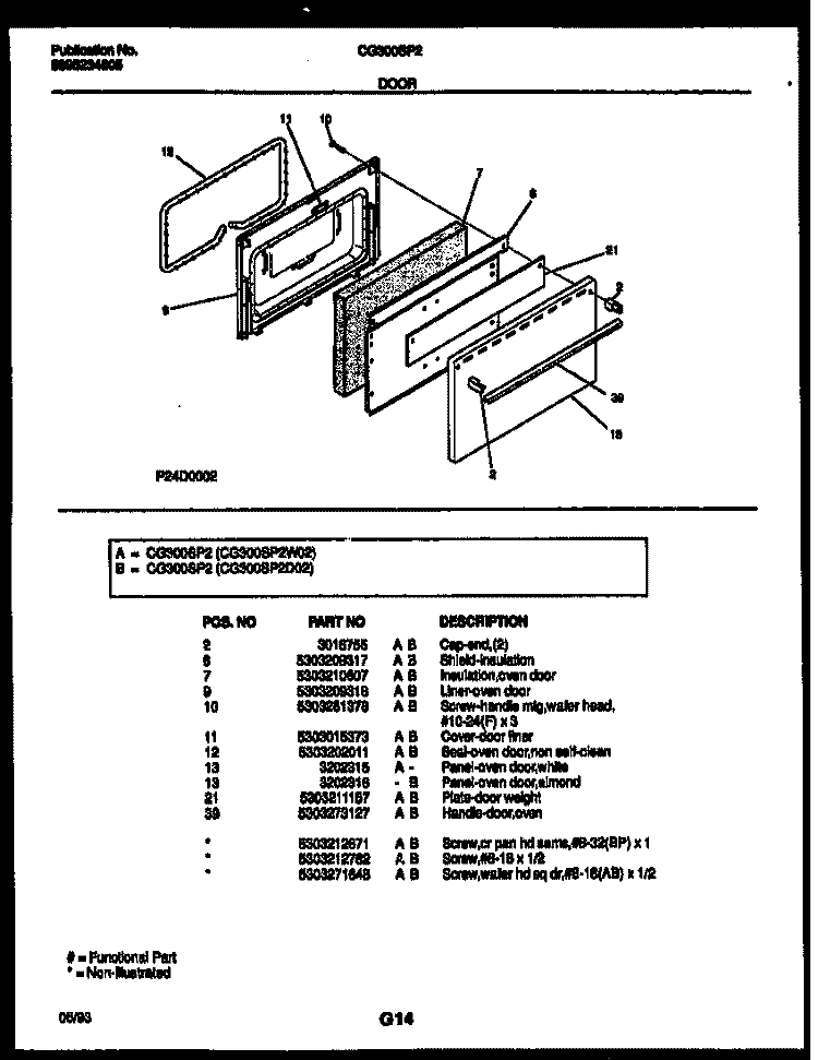 DOOR PARTS Diagram and Parts List for CG300SP2W2  Frigidaire Range