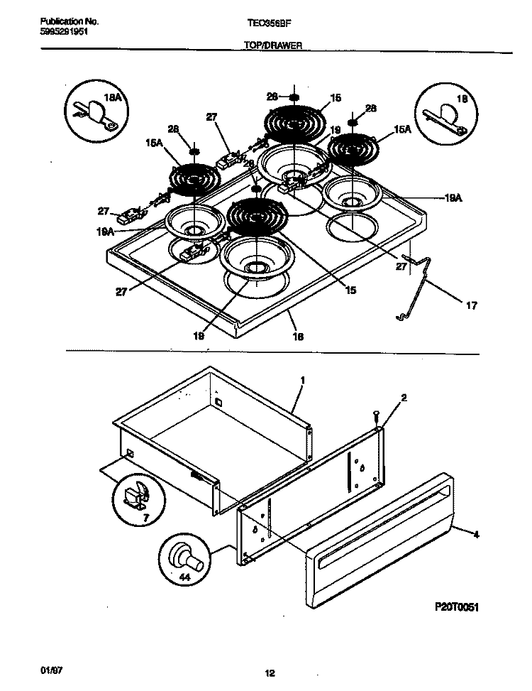 TOP / DRAWER Diagram and Parts List for TEO356BFDA  Tappan Range