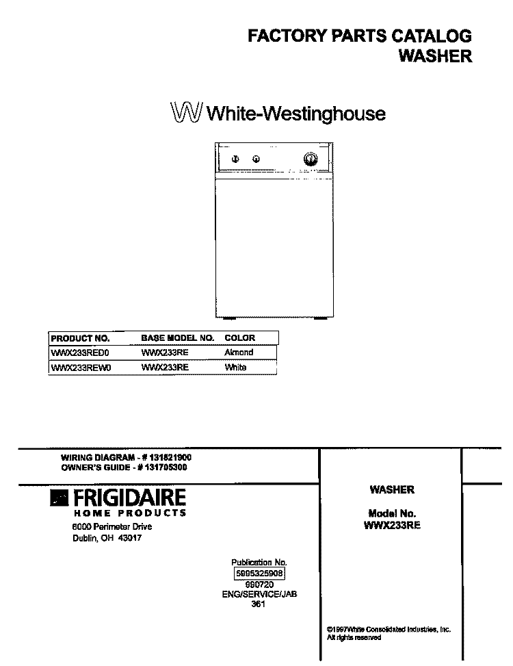 COVER Diagram and Parts List for WWX233RED0  Frigidaire Washer
