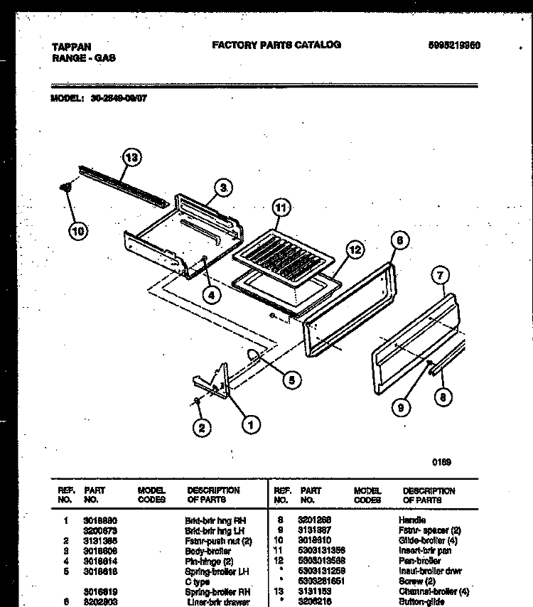 BROILER DRAWER PARTS Diagram and Parts List for 30-2549-00-07  Tappan Range