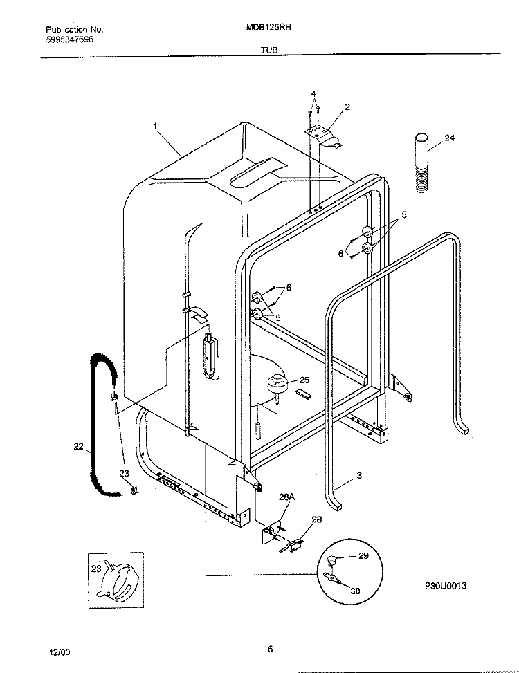 TUB Diagram and Parts List for MDB125RHD1  Frigidaire Dishwasher