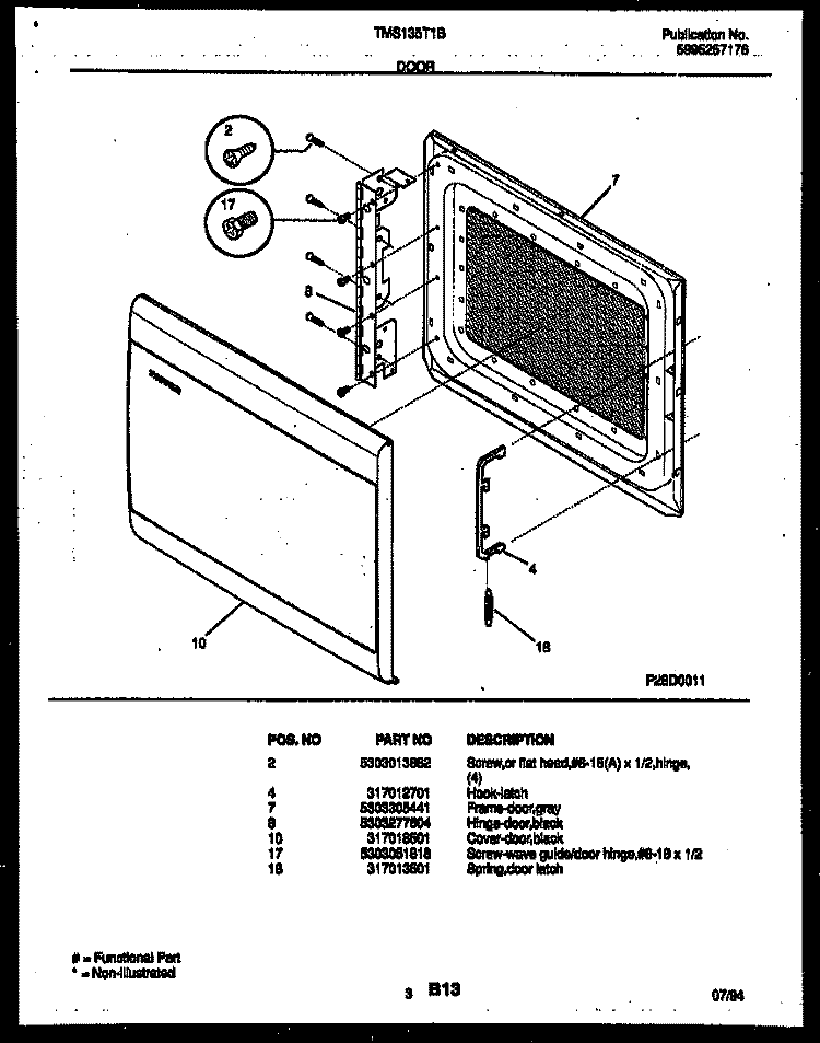 DOOR PARTS Diagram and Parts List for TMS135T1B  Tappan Microwave