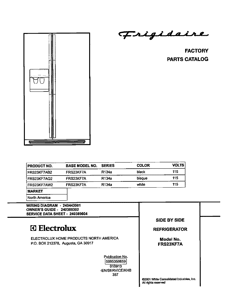 COVER Diagram and Parts List for FRS23KF7AB2  Frigidaire Refrigerator
