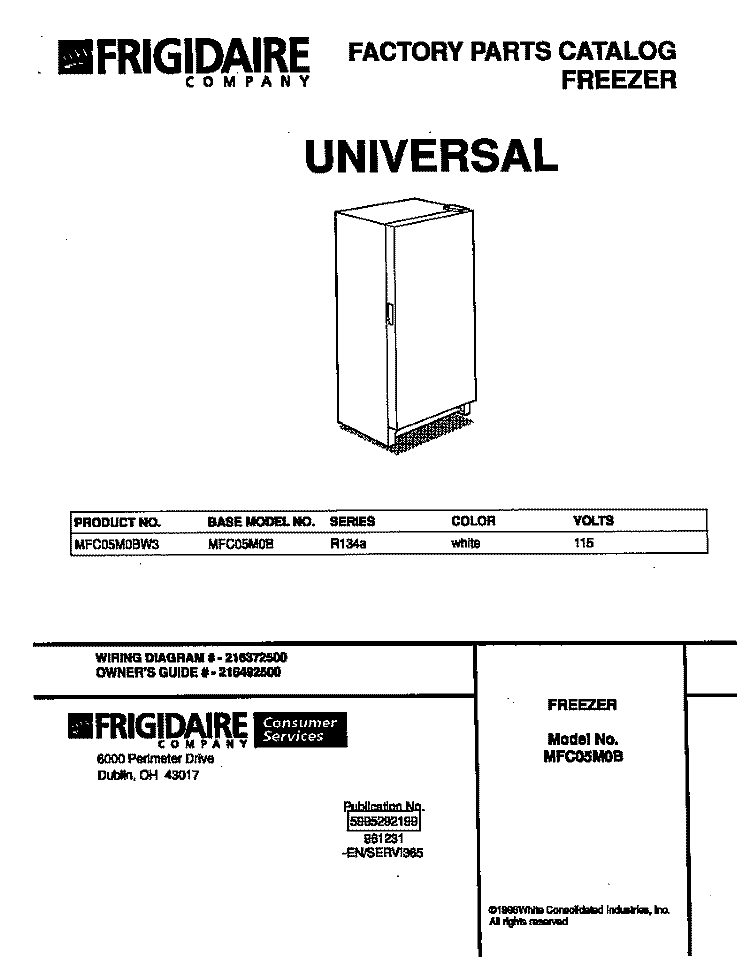 COVER Diagram and Parts List for MFC05M0BW3  Frigidaire Freezer