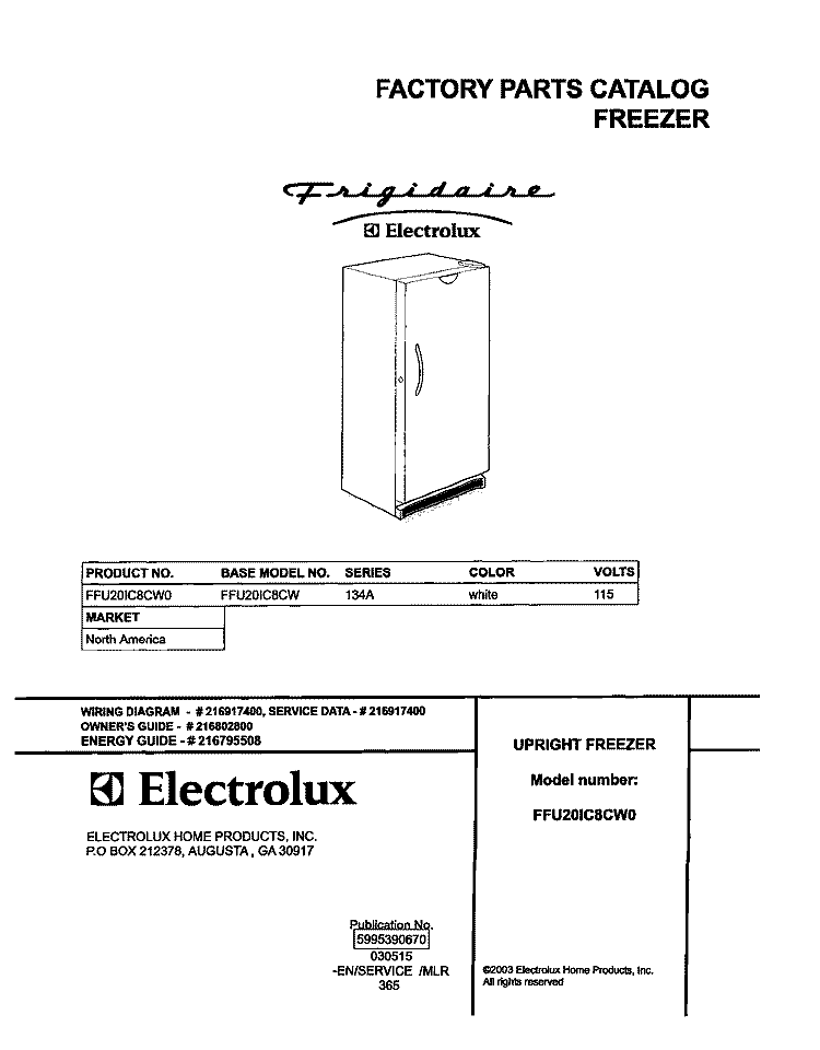 COVER Diagram and Parts List for FFU20IC8CW0  Frigidaire Freezer