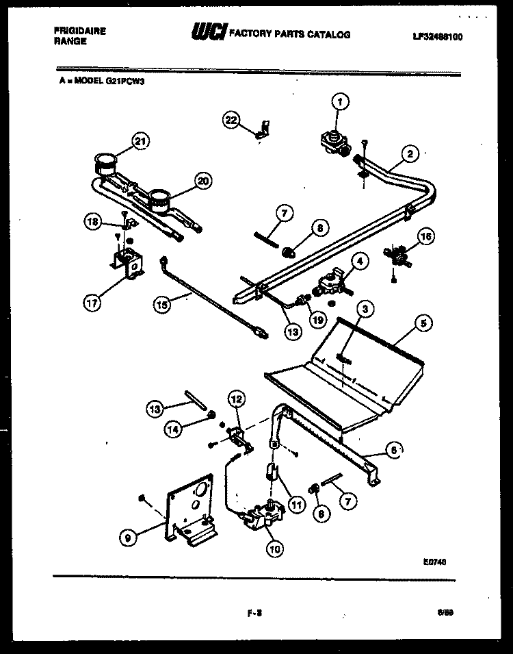 BURNER, MANIFOLD AND GAS CONTROL Diagram and Parts List for G21PCL3  Frigidaire Range
