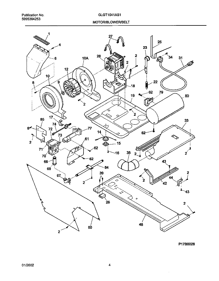 DRY MTR, BELT Diagram and Parts List for GLGT1041AS1  Frigidaire Washer Dryer Combo