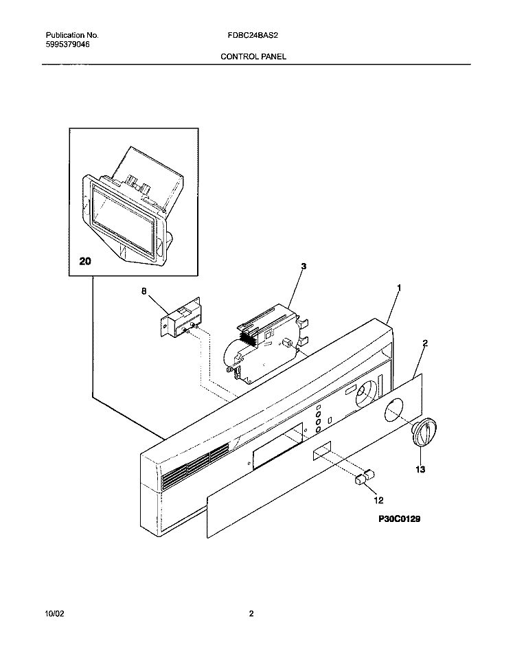 CONTROL PANEL Diagram and Parts List for FDBC24BAS2  Frigidaire Dishwasher