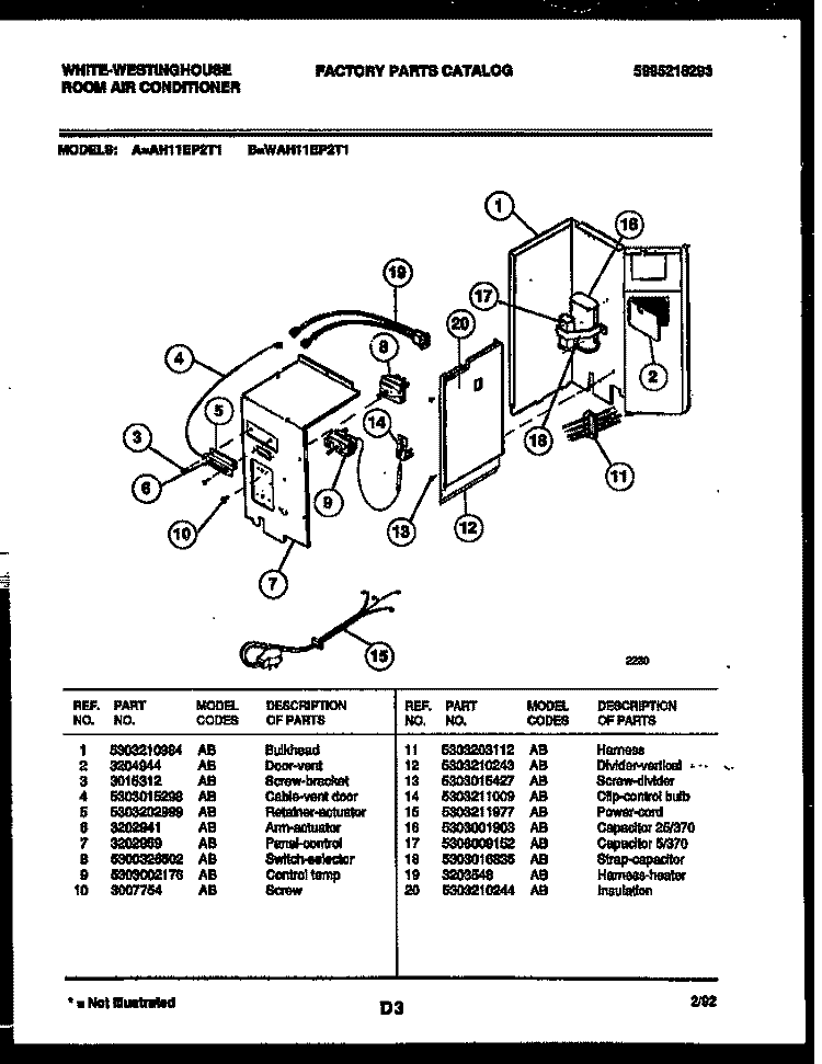 ELECTRICAL PARTS Diagram and Parts List for WAH11EP2T1  Frigidaire Air Conditioner