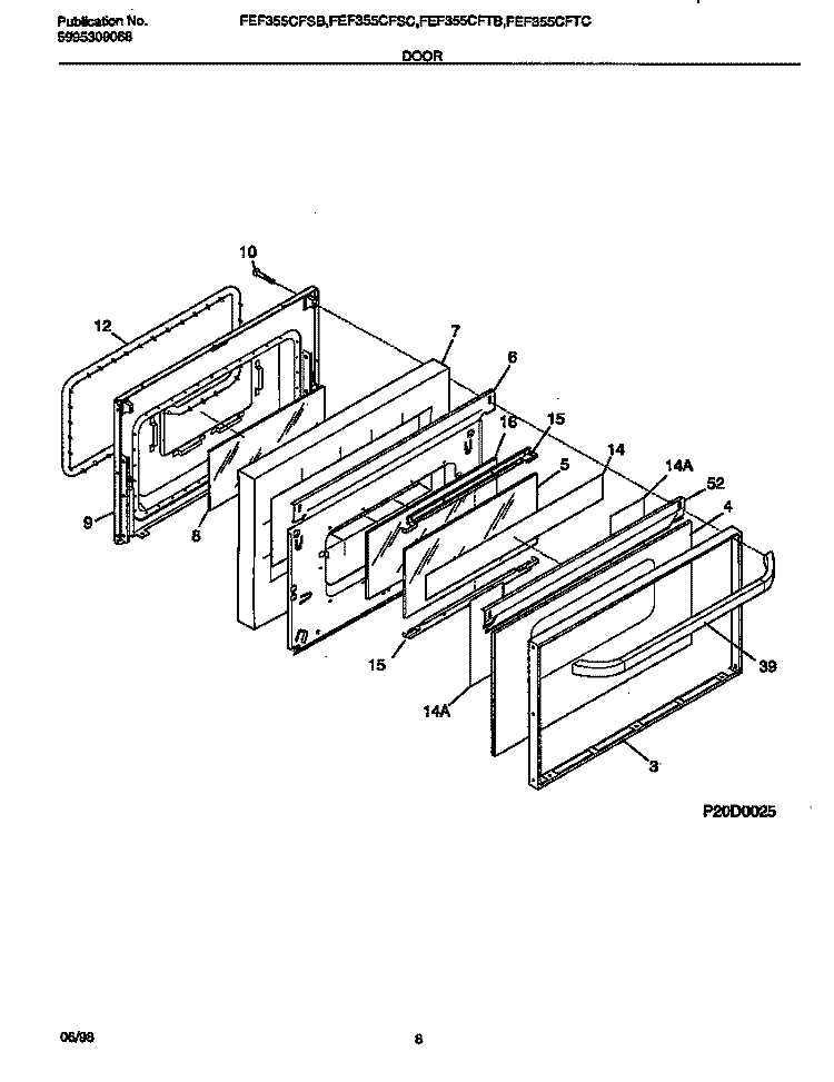 DOOR Diagram and Parts List for FEF355CFSC  Frigidaire Range
