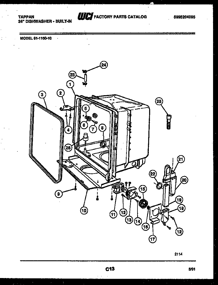 TUB AND FRAME PARTS Diagram and Parts List for 61-1160-23  Tappan Dishwasher