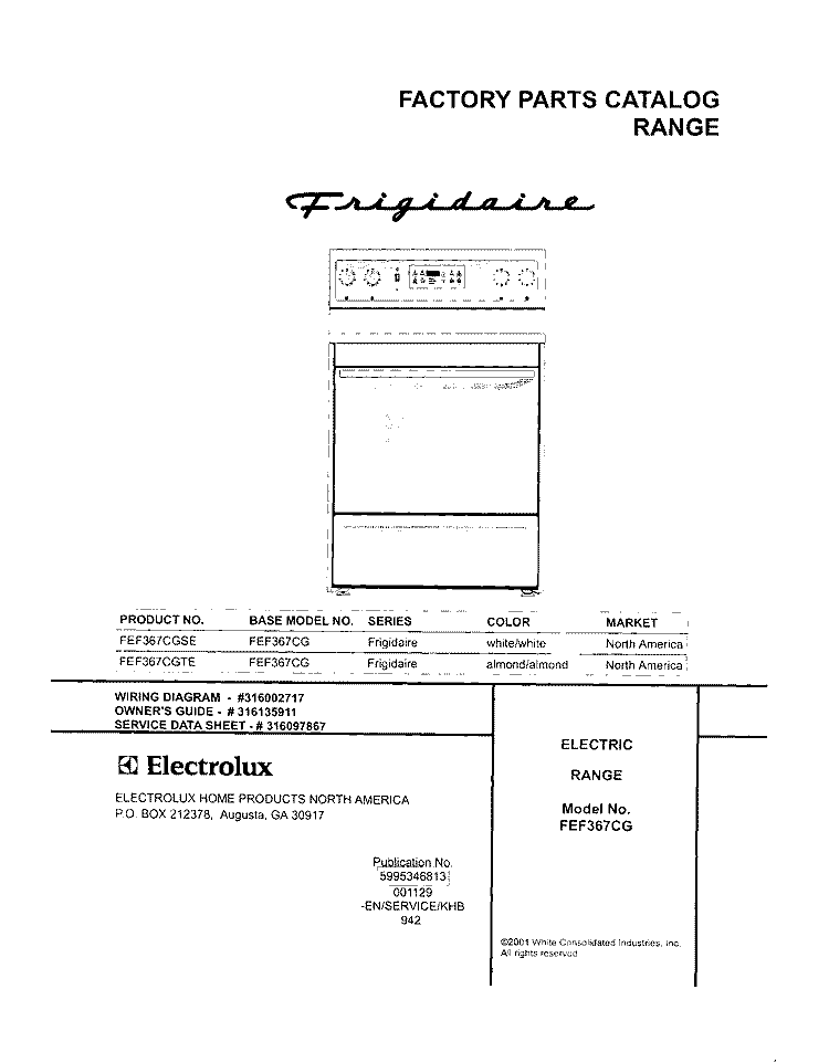 COVER Diagram and Parts List for FEF367CGSE  Frigidaire Range